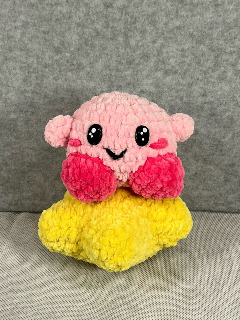 Crocheted Pink Plush Character on Yellow Star Stuffed Animal Amigurumi Plushie